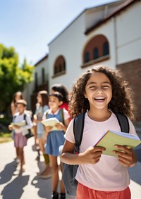 a photo of a elementary school students in front of a elementary school in summer.  