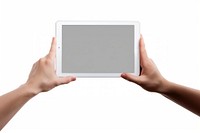 A hand playing a smart tablet computer screen white background. 