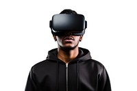 A person wearing a vr headset portrait photo white background. 