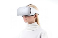 A woman wearing a vr headset white background accessories technology. 