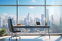 Office room with cityscape background furniture table chair.