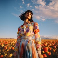 Flower field, woman posing, beautiful sky. .