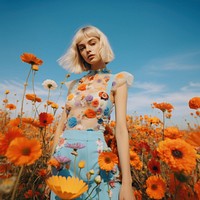 Flower field, woman posing, beautiful sky. .