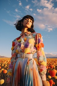 Flower field, woman posing, beautiful sky. 