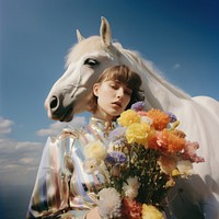 Flower field, woman posing with horse, beautiful sky. AI generated image by rawpixel.