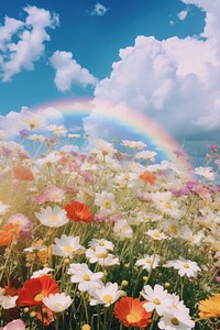 Flower field, beautiful rainbow sky. AI generated image by rawpixel.