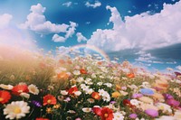 Flower field, beautiful rainbow sky. 