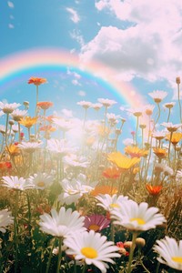 Flowers rainbow field sky.