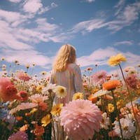 Flower field, woman posing, beautiful sky. AI generated image by rawpixel.