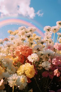 Flower field, beautiful rainbow sky. .