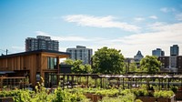 Image of a community garden in an urban setting, showcasing raised beds and composting units, emphasizing local food production.  