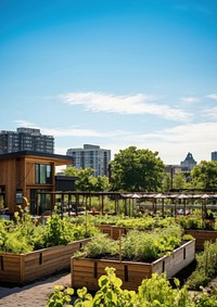 Image of a community garden in an urban setting, showcasing raised beds and composting units, emphasizing local food production.  