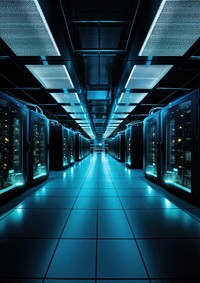 Image of a quantum computer server room with rows of advanced machines. AI generated Image by rawpixel. 