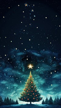 illustration of Christmas tree on starry night background.  