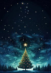 illustration of Christmas tree on starry night background.  