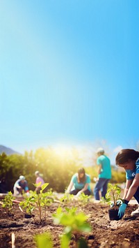 Photo of young people volunteers outdoors planting. 