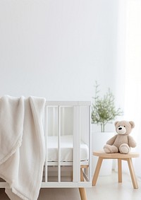 Photograph, close up shot, a white Blanket Mockup Featuring a baby crib in a Nursery room background.  
