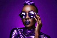 Female model sunglasses purple lipstick. 