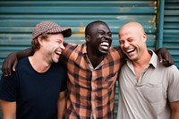 Different race men laughing adult togetherness. 