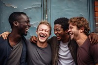 Different race men laughing adult togetherness. 