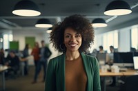 Mixed-race african gorgeous woman portrait smiling office. 