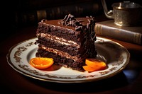 Chocolate cake plate dessert food. 