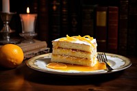 Lemon cake plate dessert candle. 