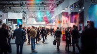 People walking in exhibition hall. 