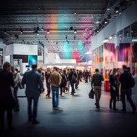 People walking in exhibition hall. 