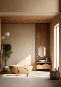 Minimalist bathroom with wooden bathtub, wooden decor, and natural light. Features wooden accents, wooden shelves, and wooden walls for a serene atmosphere.