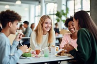 School cafeteria laughing coffee. AI generated Image by rawpixel.