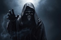 A skull grim reaper reaching forward portrait photo fog. 