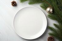 White plate mockup Christmas tableware. 