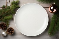 White plate mockup Christmas tableware. 