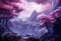Magical purple forest mountain landscape outdoors nature. AI generated Image by rawpixel.