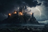 Medieval castle lightning storm thunderstorm. AI generated Image by rawpixel.