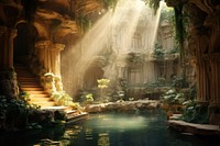 Cozy light underground city background architecture waterfall building. AI generated Image by rawpixel.