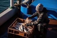 Fisherman outdoors fishing ship. 