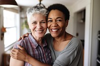 Diverse senior lesbian couple laughing portrait smile. 