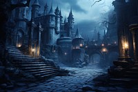 Magical castle ground background fantasy street night. AI generated Image by rawpixel.