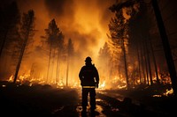 Firefighter forest fire silhouette night.