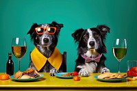 Dogs at dining table. 