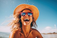 Woman having fun outdoor photography sunglasses laughing. 