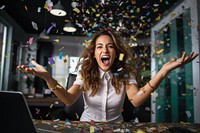 Business woman having fun time confetti party adult. 