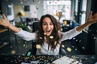 Business woman having fun time confetti party happy. 