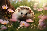 Cute hedgehog outdoors flower animal. 