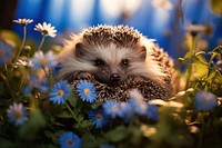 Cute hedgehog outdoors flower porcupine. 