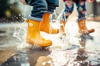 Kid playing with water, rain boots photo. .