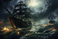Dark fantasy scene ship sea sailboat. AI generated Image by rawpixel.