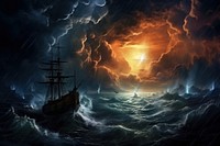 Dark fantasy scene thunderstorm sea sailboat. AI generated Image by rawpixel.